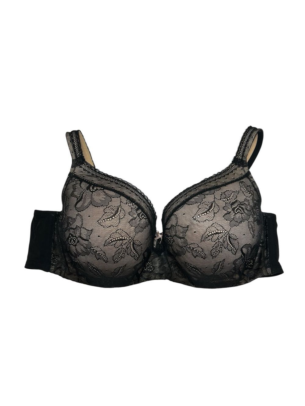 Cacique Black Lace Underwire Bra 38DD Floral Overlay Lined
